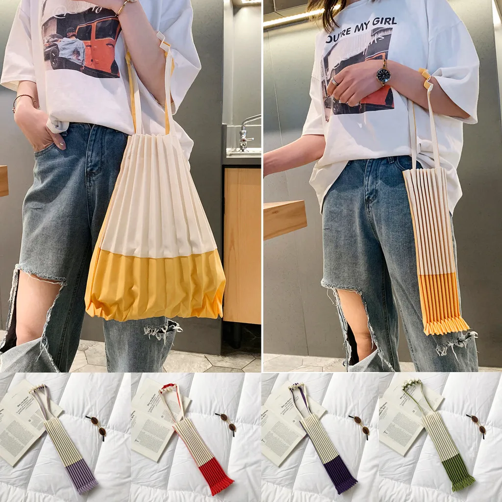

Japanese Style Please Pleats Causal Tote Bag Canvas Large Capacity Foldable Shoulder Bag issey vertical-pleats miya Candy Color