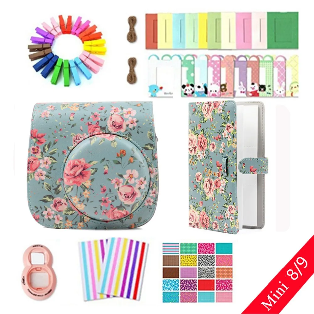 

8 in 1 Accessories Rose Pattern Case Bag Photo Frame Camera Stickers Wall Frame Clip with Rope for Fujifilm Instax Mini 8 9