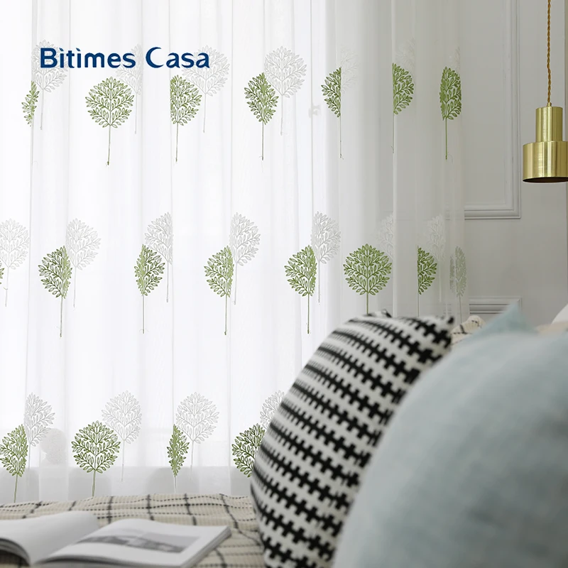 

Embroidery Big Leaves Pattern Voile Windows Screen Tull For Livning Room Bedroom White Color Non-toxic Home Decoration