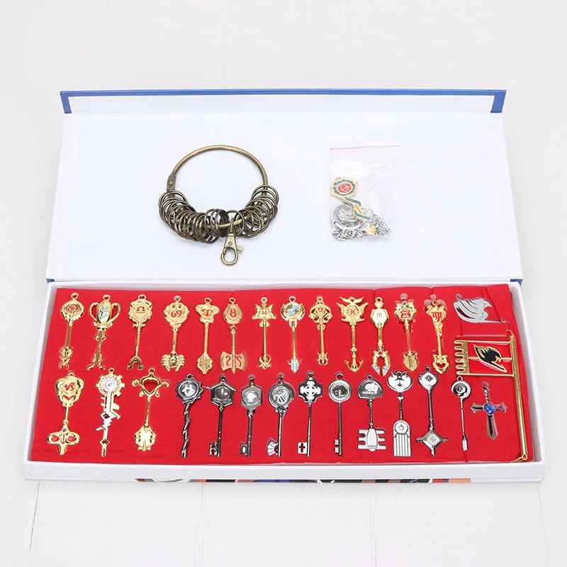 

29pcs/set Fairy Tail Lucy Cosplay Key Keychain Pink Tattoo Heartfilia Sign of the Zodia Gold Key Pendants