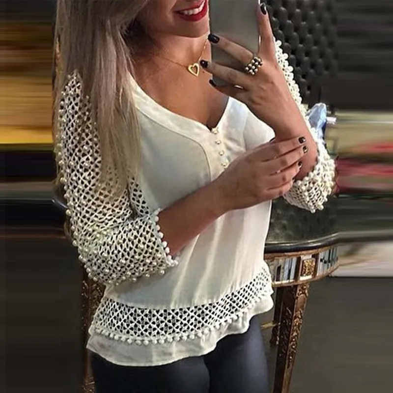 

Blusas Femininas ZANZEA Chiffon Blouse 2019 Spring Summer Women Lace White Shirt V-neck 3/4 Sleeve Hollow Casual Plus Size Tops