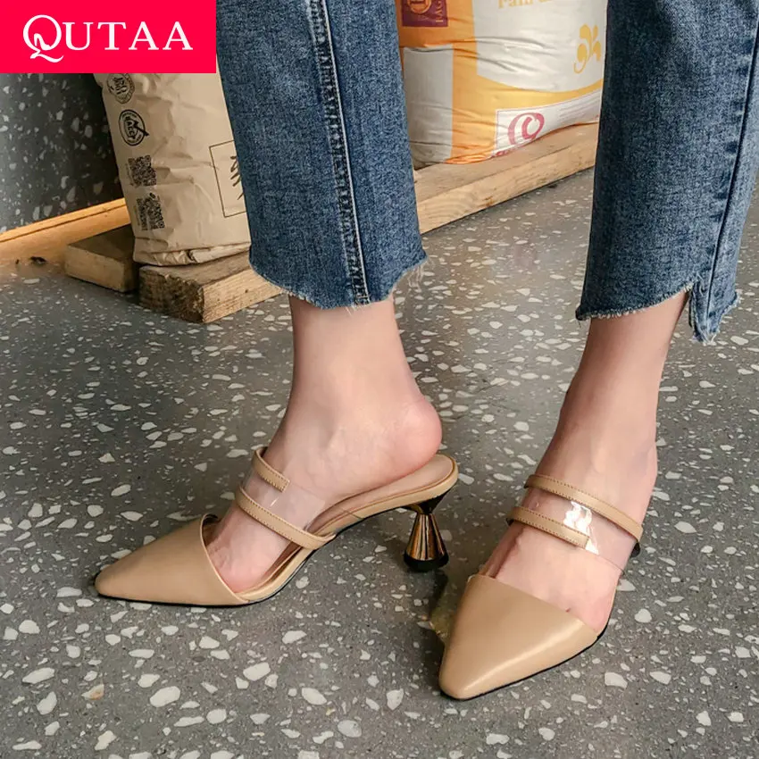 

QUTAA 2019 Women Sandals Cow Leather+Transparent Film Square High Heel Slingback Sexy Square Toe Leisure Ladies Pumps Size 34-40