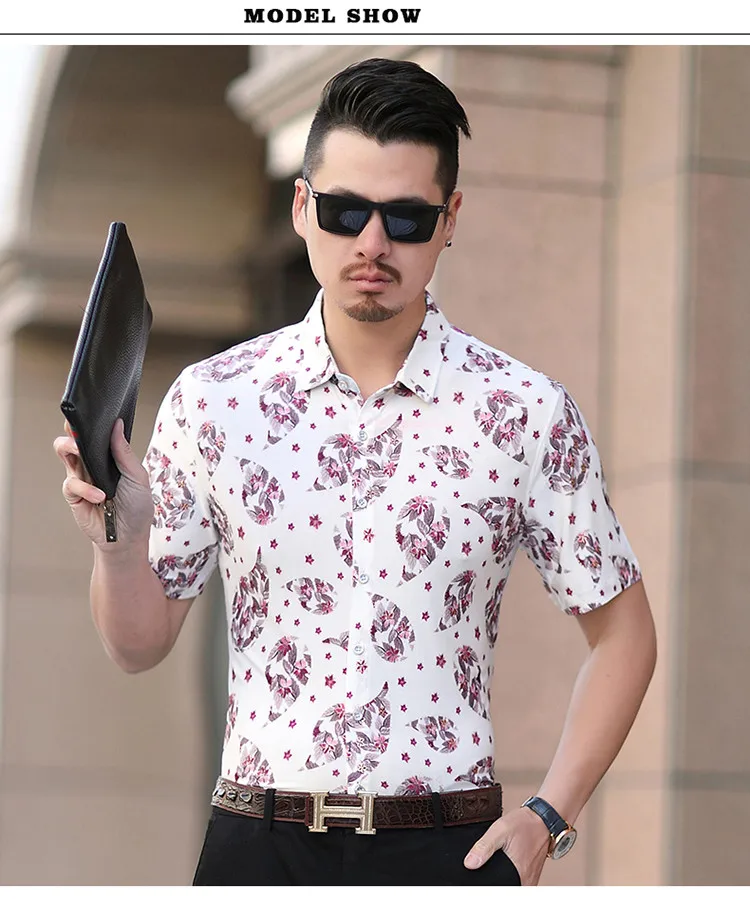 2019 мужская одежда летние рубашки с коротким рукавом цветочный принт Повседневная рубашка Homme хлопок модные рубашки Slim Fit плюс размер M-7XL