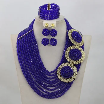 

Trendy Royal Blue Nigerian Wedding African Beads Necklace Bracelet Earrings Jewelry Set 10 Layers Wholesale Free Shipping ANJ051