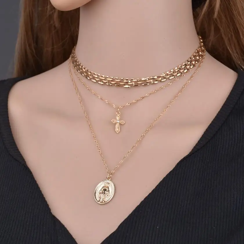 

2019 Fashion Trendy Jewelry Copper Choker Multi Layer Necklace Gift for Women Boho Layering Chokers Girl Pendant Necklace