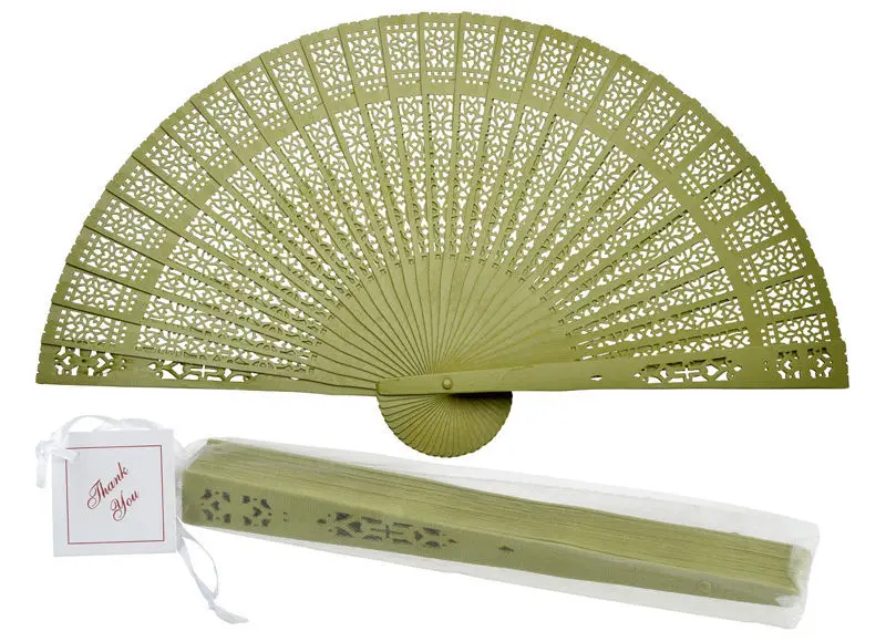 

8" Chartreuse Wood Panel Hand Fan w/ Beige Organza Bag