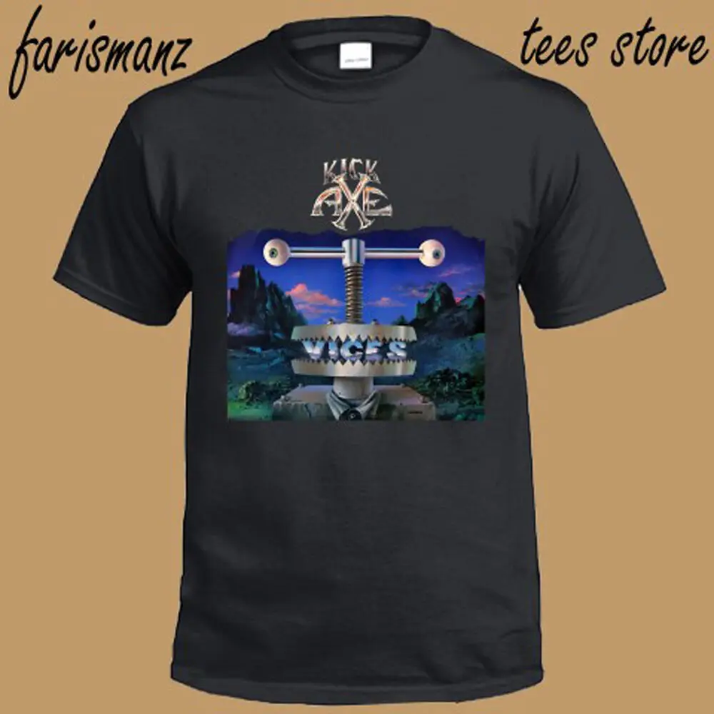 New Kick Axe Vices Heavy Metal Band Logo Men's Black T Shirt Size S to