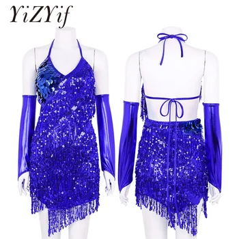 

Women Sexy Latin Dress tango Dance Dress Sparkling Sequins Tassels Halter Neck Backless Self-Tie Asymmetric Latin Dance Dress