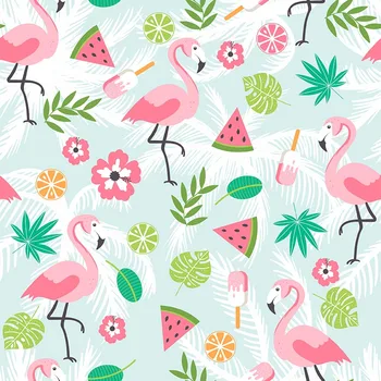 

Blue With White Palm Trees Photography Background Pink Flamingo And Flowers Tropical Fruit And Leaves Backdrop For Baby Shower