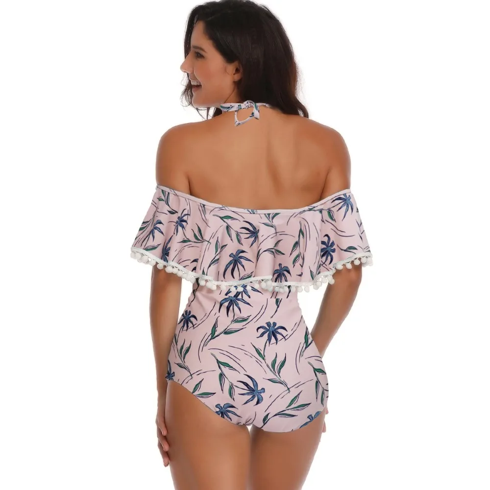 Women's One Piece Off Shoulder Vintage Floral Backless Bather Flounce Ruffled Set Drawtring Modest Swimwear 11