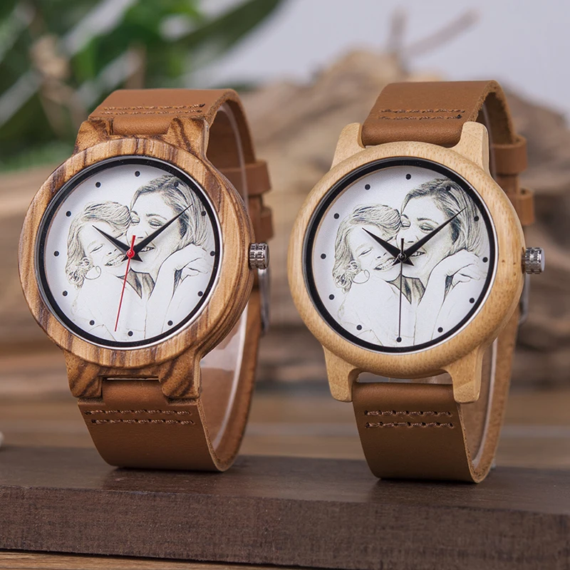 BOBO BIRD Personality Print Buyer's Photo on Wood Watches Custom Men Women Watch Creative Quartz Wristwatch relogio masculino