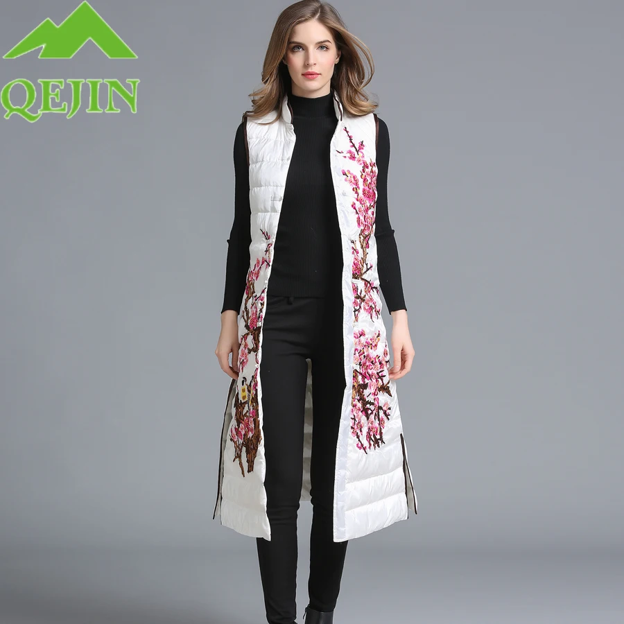 Élégant Gilet Canard Broderie Vestes Gilets Fond Survêtement De Hiver Femelle Manteaux Femmes Longue white Black Fourchette Fleur Épais Chaud Duvet arm Green zXEqxw
