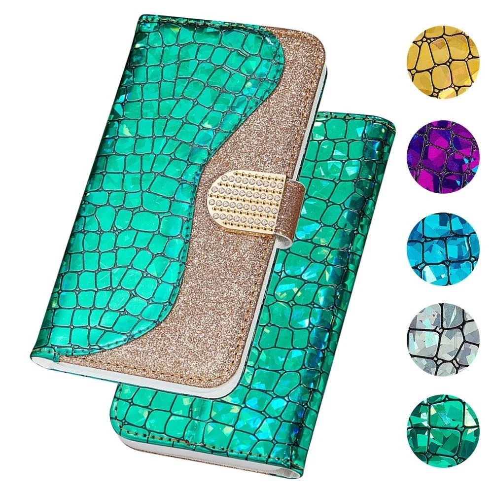 

Leather Flip Card Case For Samsung Galaxy S6 S7 Edge S8 S9 S10 Plus e 5G Luxury Bling Laser Glitter Coque Phone Back on Cover