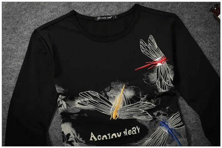Cool Men T-Shirts Dragonfly Pattern Print Colors Embroidery Full Sleeve  O-Neck Tees Modern