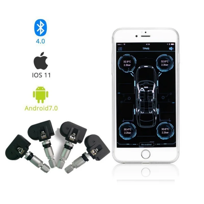 

Smart Car TPMS Bluetooth 4.0 Tyre Tire Pressure Monitoring System APP Display 4 Internal/External Sensors Support Android IOS