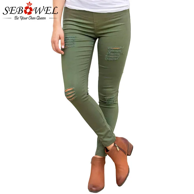 SEBOWEL Distressed Stretch Mid Rise Slim Denim Pants Woman 2020 Female Green/Black Ripped Holes Skinny Pencil Ladies Jeans | Женская