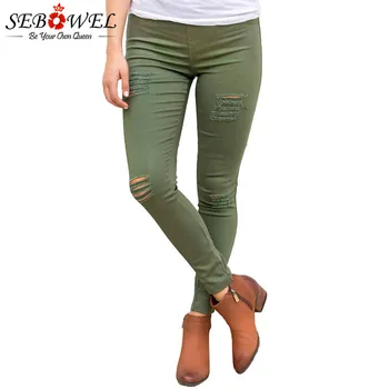 

SEBOWEL Distressed Stretch Mid Rise Slim Denim Pants Woman 2020 Female Green/Black Ripped Holes Skinny Pencil Pants Ladies Jeans