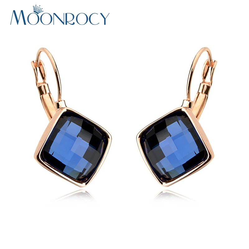 

MOONROCY Free Shipping Fashion Jewelry Rose Gold Color Crystal Earrings Blue Square Crystal Earrings for Women Gift