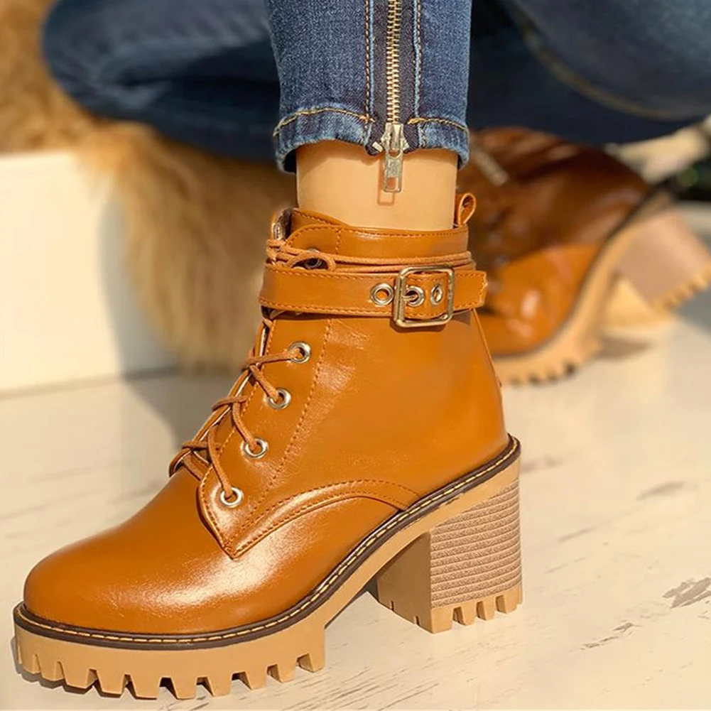 

2019 Large Size 34-43 Ankle Boots Woman Autumn Winter Shoelaces Woman Platform Square High Heels Boots Women Shoes Women