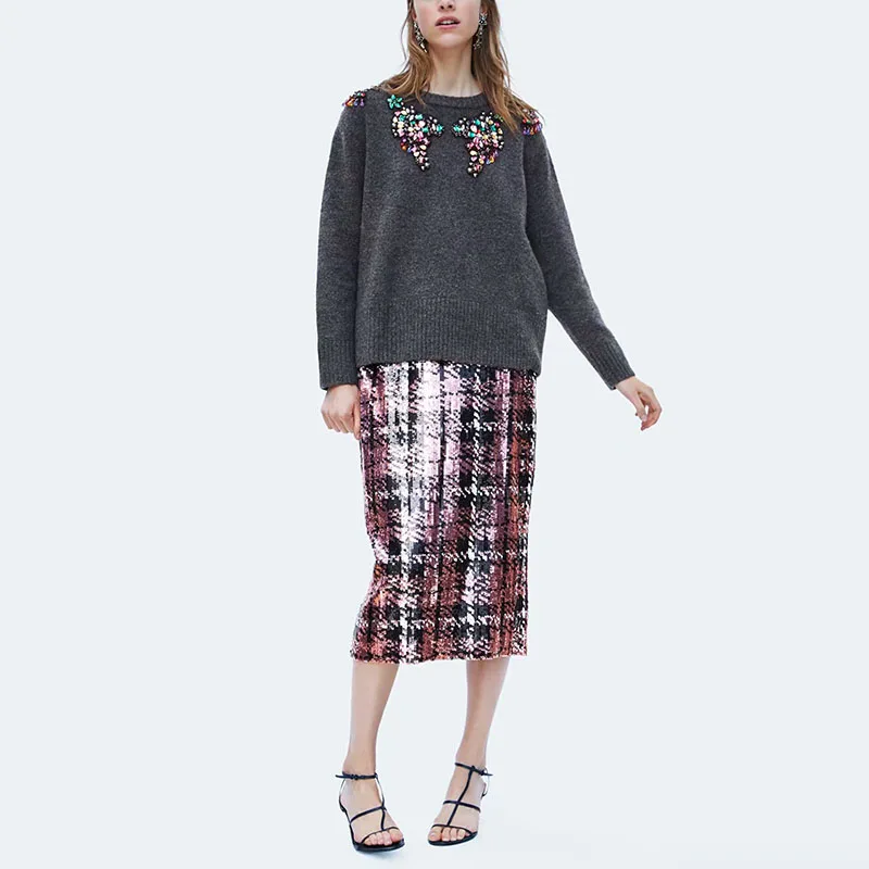 ZA 2018 Autumn and Winter Women New Sequined Knitted Deep Gray Women Sweaters