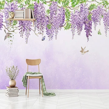 

Self-Adhesive Mural Wallpaper 3D Beautiful Hand-painted Purple Flowers Birds And Butterflies Photo Wall Paper Waterproof Sticker
