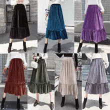 Осень-зима в ретро-стиле из бархата с эластичной резинкой на талии юбка Вельветовая Высокая талия линия платье-пачка узкие развевающиеся Широкие Женские Длинные Теплые юбки в складку, X21