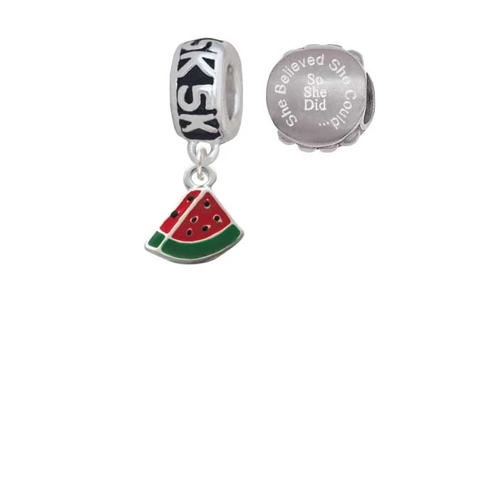 Silvertone Mini Enamel Watermelon Slice 5K Run She Believed She Could Charm Beads (Set of 2)