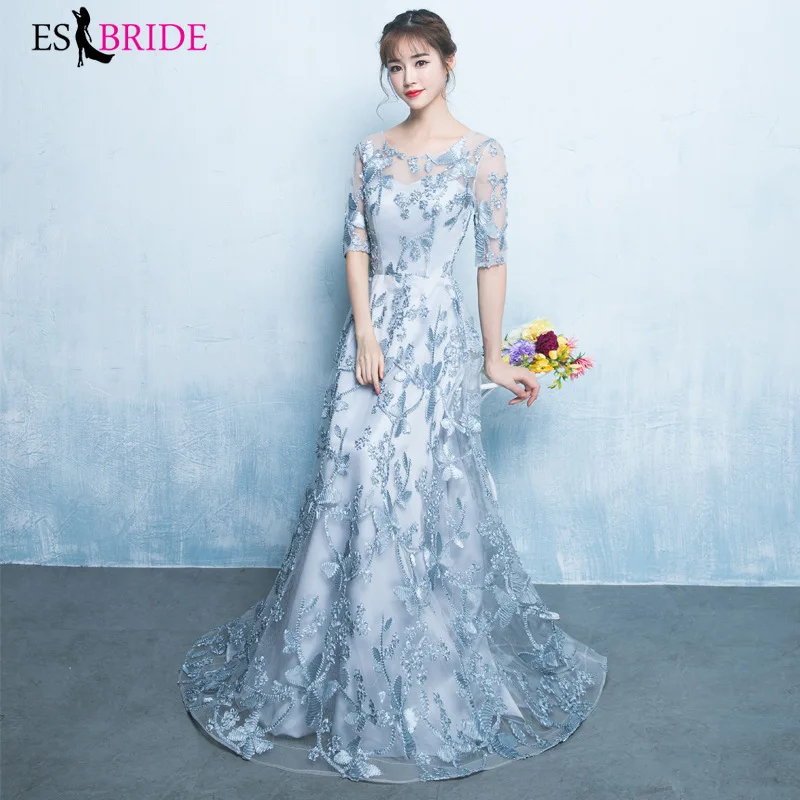 

Formal Special Occasion Evening Dresses 2019 Sexy A-Line O-Neck Backless Long Party Gowns with Split Robe De Soiree ES1341