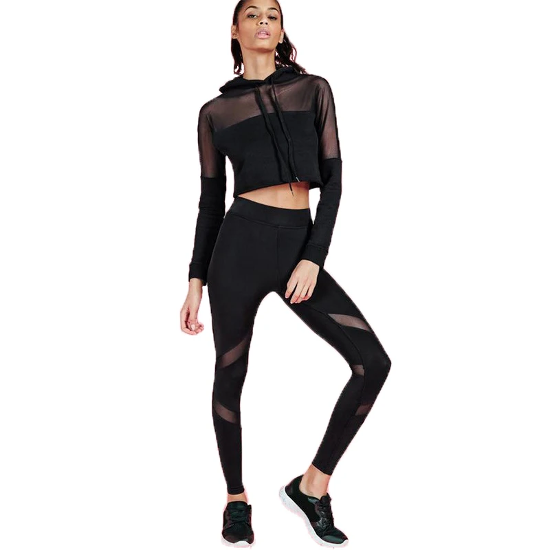 

New Mesh Patchwork Tracksuit Crop Hooded Top Tanks And Leggings Sporting 2 Pieces Sets Women Gym Sets