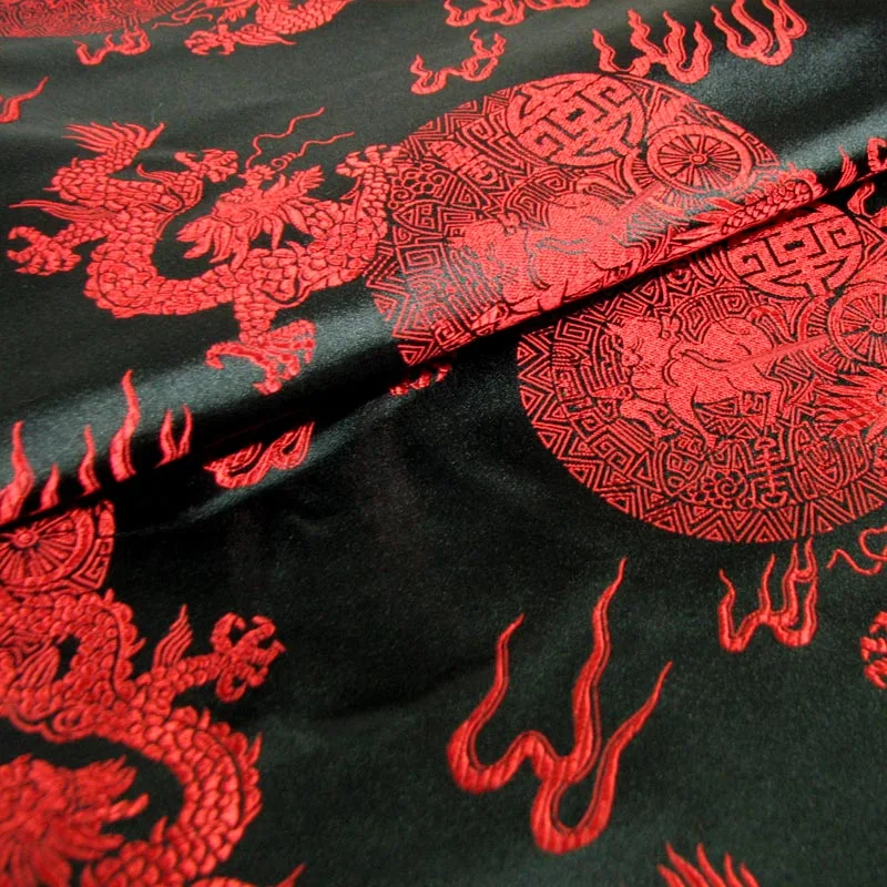 Black dragon prosperous brocade silk satin fabric / cloth half meter ...