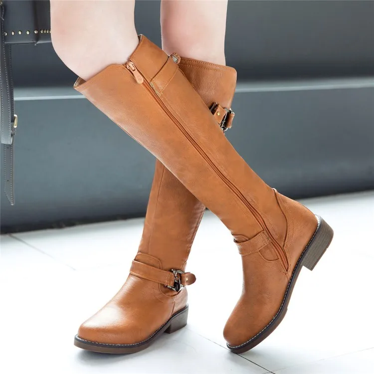 

Big Size 11 12 13 Euro-American style round-headed square heel side zipper slim long boots leather belt buckle boots fashion