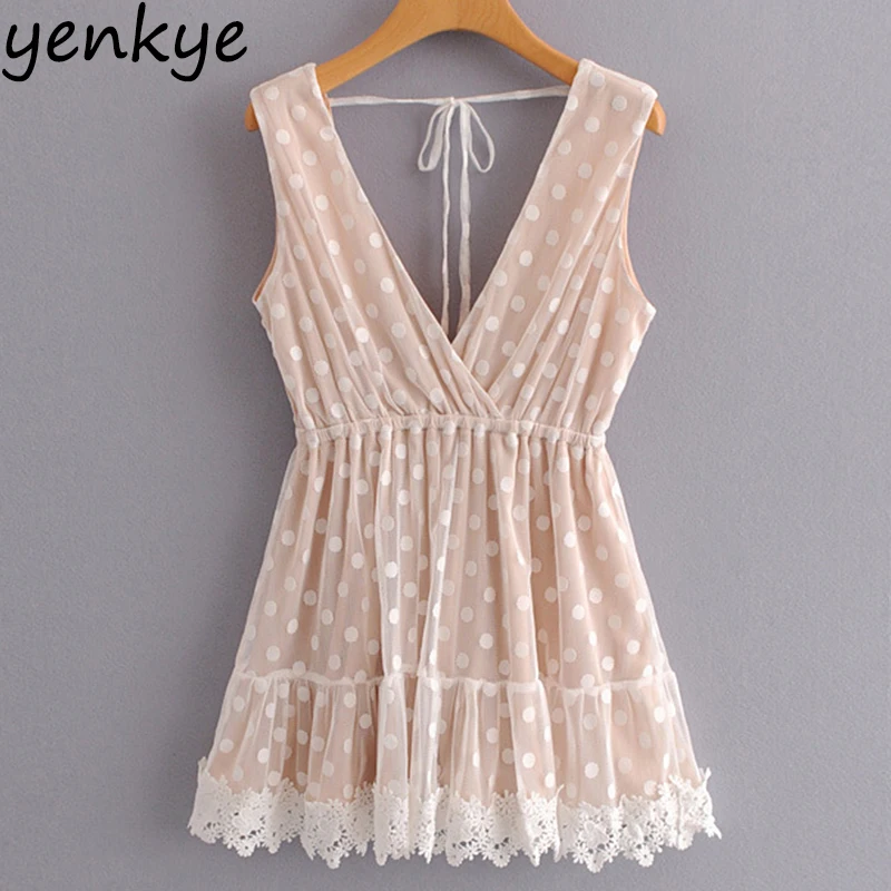 

Lace Trims Mesh Summer Beach Dresses Women Sexy Backless V Neck Sleeveless A-line Mini Dress Short vestidos SYJZ1496