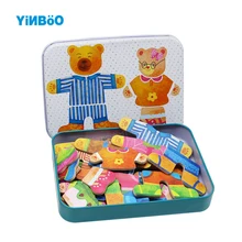 Деревянные пазлы для детей с двумя медведями, Разменная одежда, магнитный шкафчик, Обучающие игрушки-пазлы для детей