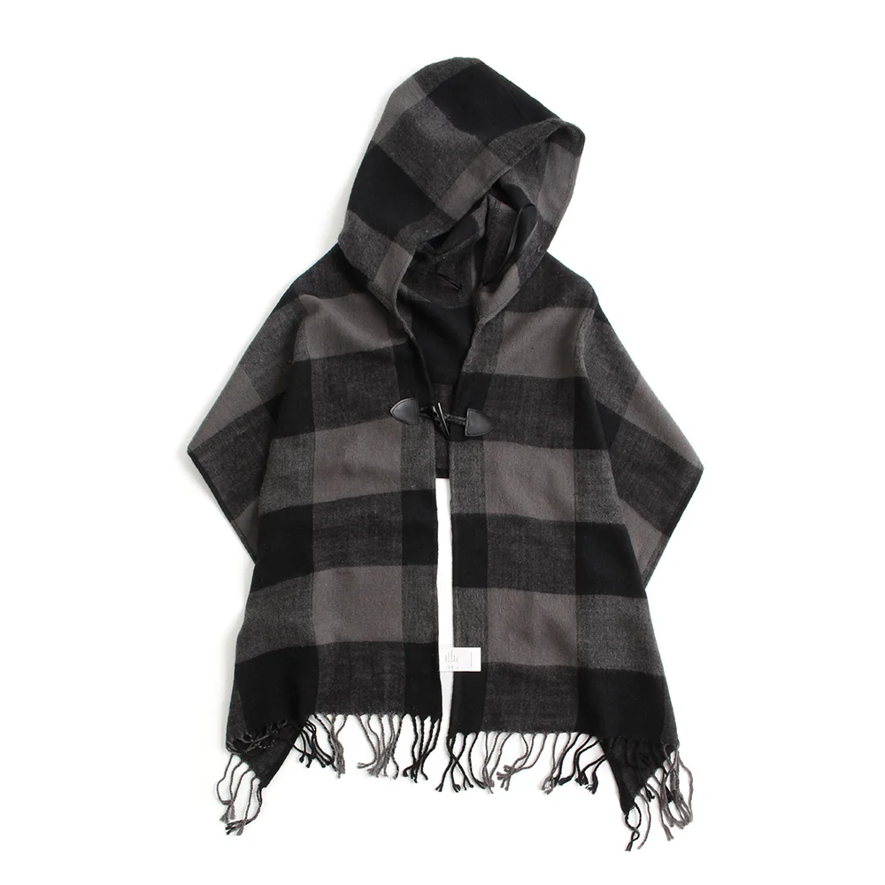 

New fashion tartan plaid poncho scarves with hat and button women check cashmere blanket scarf lady winter warm cape shawl wraps