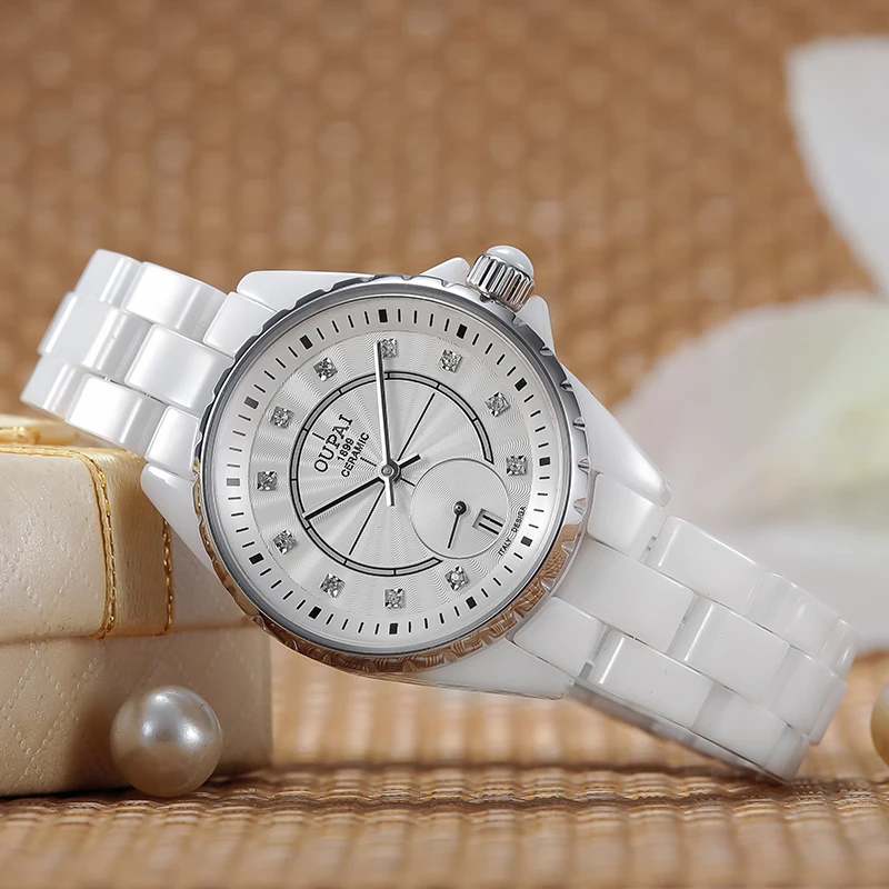 OUPAI Новая мода Элегантный из белой керамики часы женские водостойкие алмазные викторины леди часы с календарем