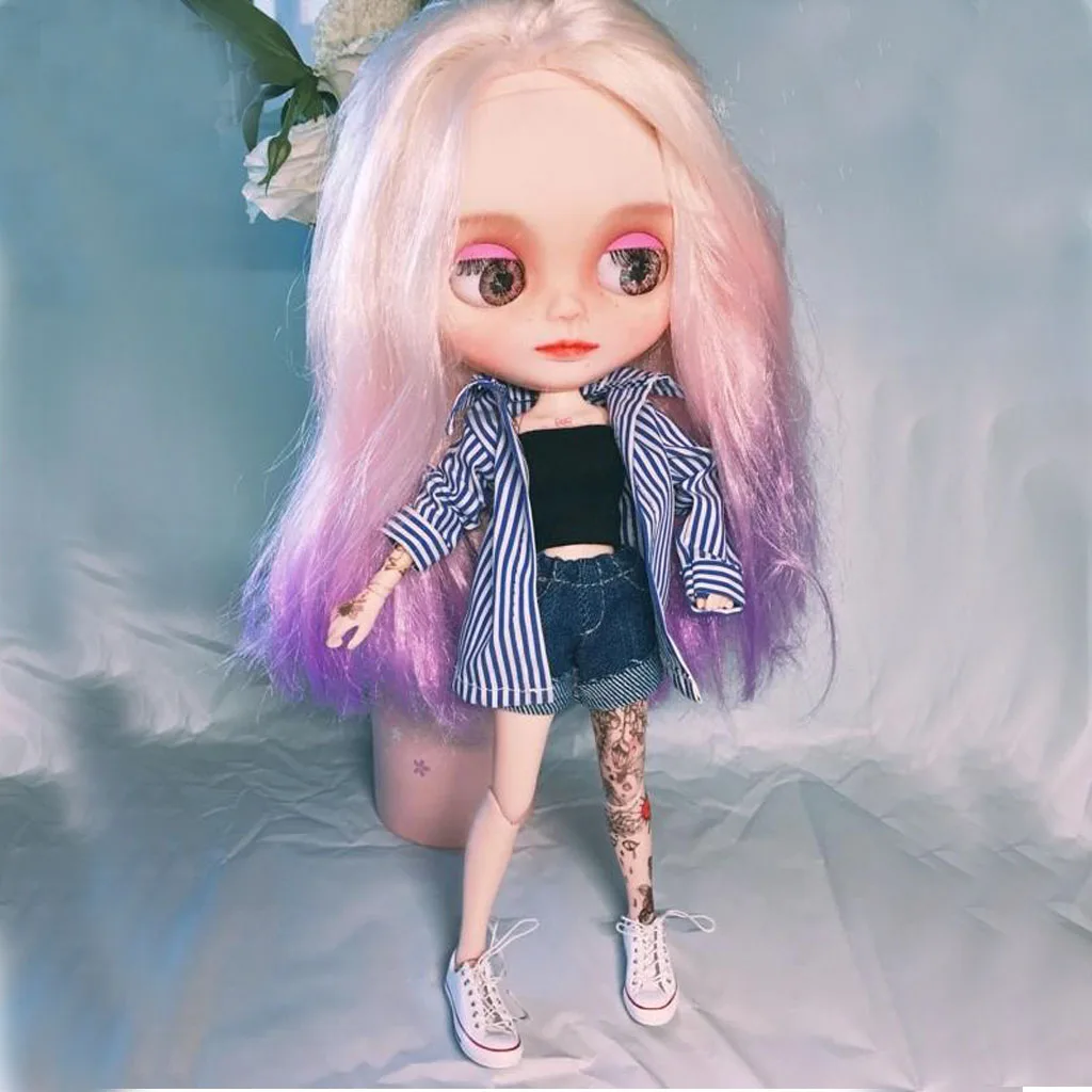 Handmade Cute Doll Clothes Suit Striped Shirt Short Pants Bra Set for Blythe Doll 12inch Doll Outfits Blue