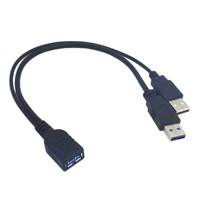Black USB 3.0 Female to Dual USB Male Extra Power Data Y Extension Cable for 2.5" Mobile Hard Disk 30cm 1ft