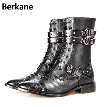 

Gothic Punk Boots Men Leather Pu Pointed Toe In Tube Fashion Black Casual Boots Male Low Heel Motorcycle Martin Botas Hombre