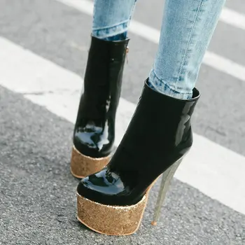 

Ladies Patent Leather Short Boots Red Black White Super Thin High Heel Platform Ankle Boots for Women Sexy Party Dress Winter