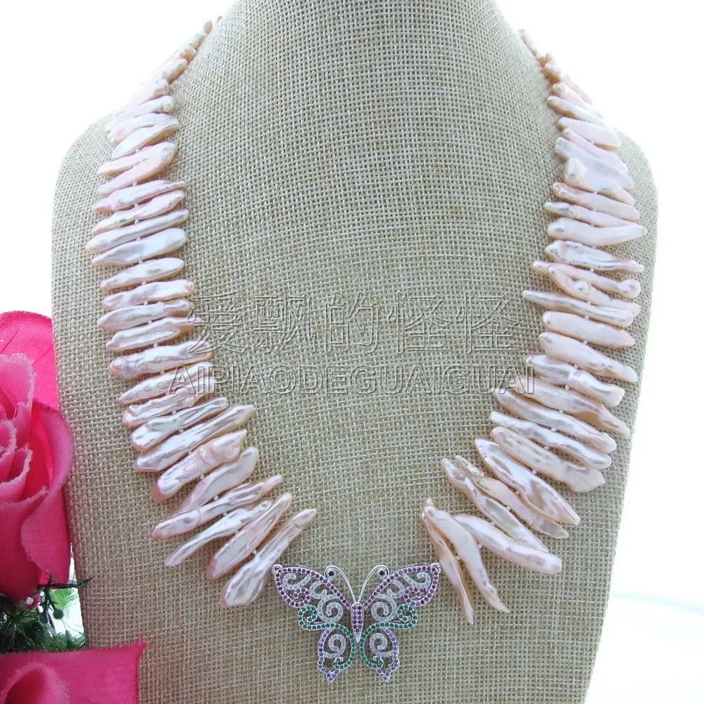 

N013053 20'' Pink Biwa Pearl Necklace Butterfly CZ Pendant