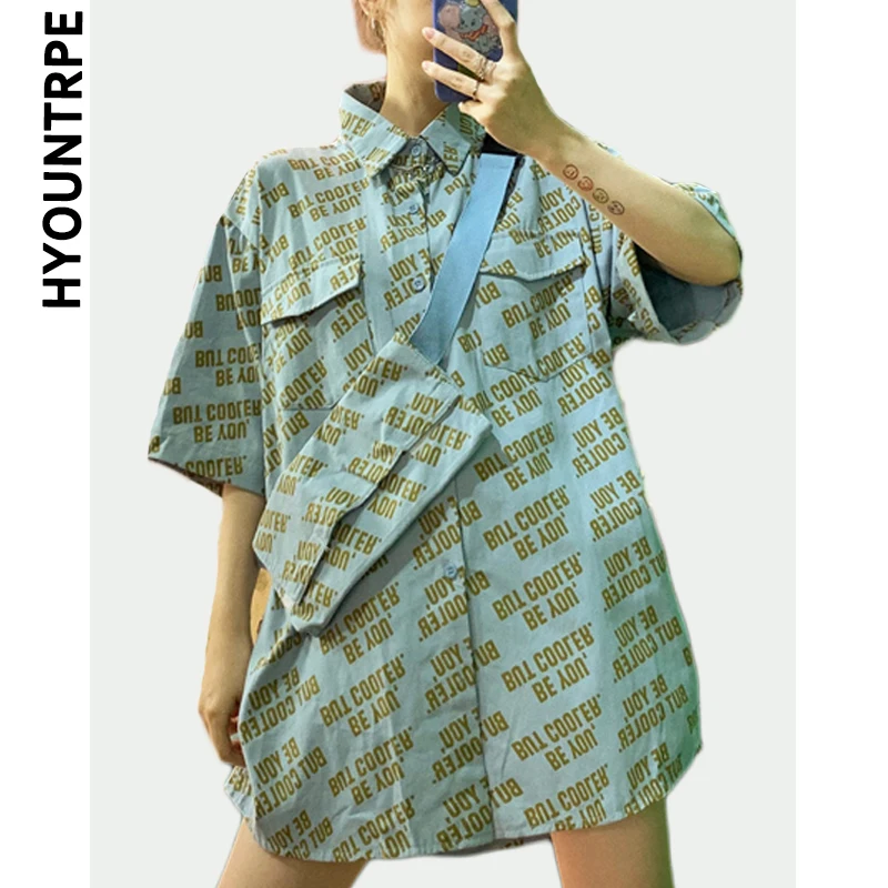 

Fashion Letter Printed Shirt Blouse Women Streetwear Summer Short Sleeve Oversized Shirt with Bag New Hip Hop Shirts Couple Tops