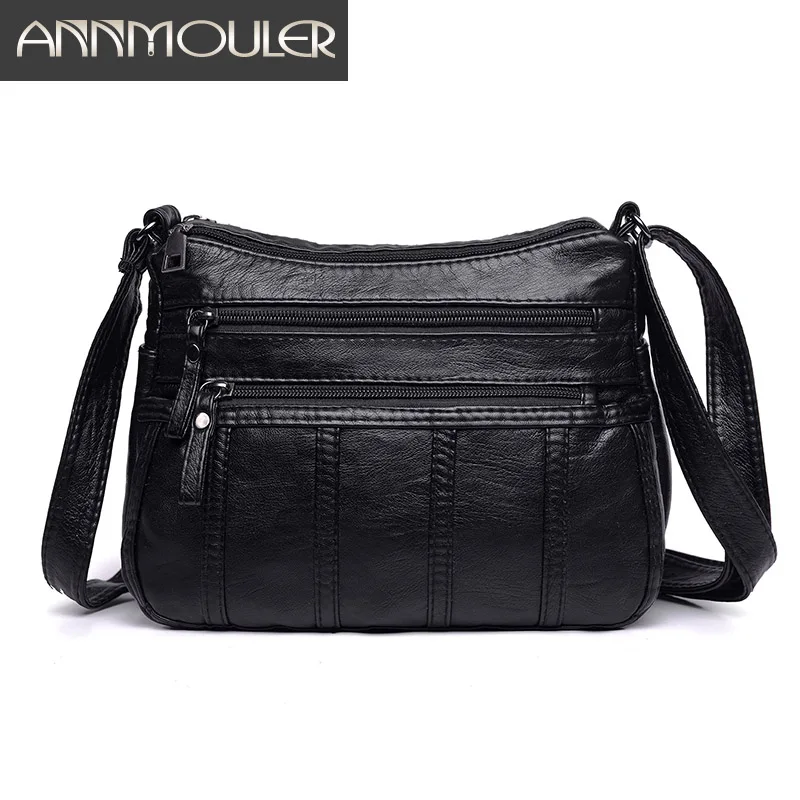 Annmouler модная женская сумка через плечо Черная мягкая промытая кожаная сумка через плечо Лоскутная сумка-мессенджер маленькая сумка с