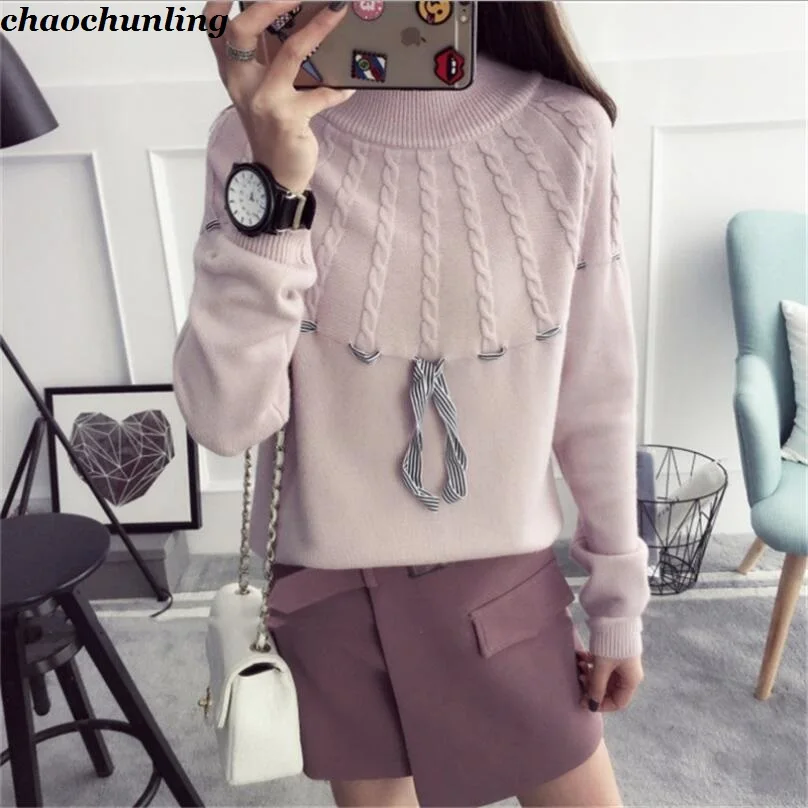 Korean and Japan 2018 New Winter Female Turtleneck Lace Up Knit Sweater Lady Thick Long Sleeve Patchwork Hollow Pullovers | Женская