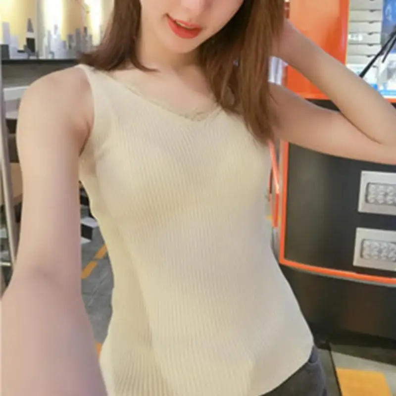 apricot Кружевной топ Camis сексуальный топ на бретелях Женская сорочка женская новая Однотонная рубашка без рукавов с v-образным вырезом открытая спина летняя рубашка Женская#137 - Цвет: apricot