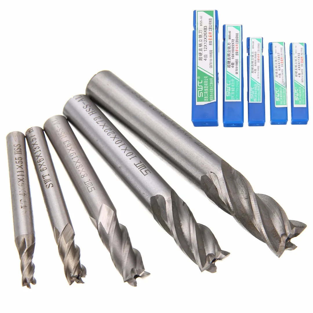 5pcs/set Straight Shank End Mill Cutter 4 Flute HSS Drill Bit 4/6/8/10/12mm For CNC Milling Tool