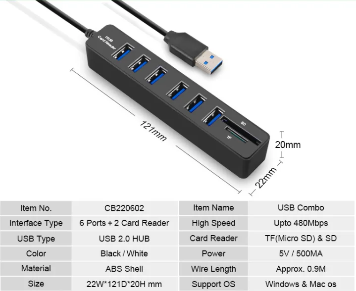 Usb-хаб 3/6 портов USB 3,0 концентратор Высокоскоростной Мульти USB разветвитель 2 в 1 2,0 хаб несколько usb3.0 концентратор SD/TF кард-ридер для ПК ноутбука
