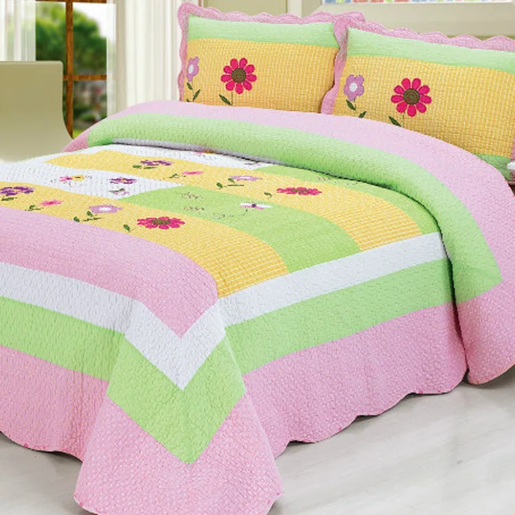

Yellow Green Pink Patchwork Flowers Bedspread Girls 100%Cotton Soft Quilted Bedspread Bedding Set Coverlet Queen size 3Pcs