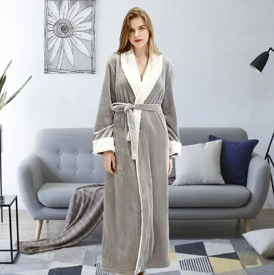 Большой размер, свободный фланелевый Халат, толстый теплый халат, осенний зимний банный халат, парная Пижама, повседневные халаты для женщин - Цвет: light grey women
