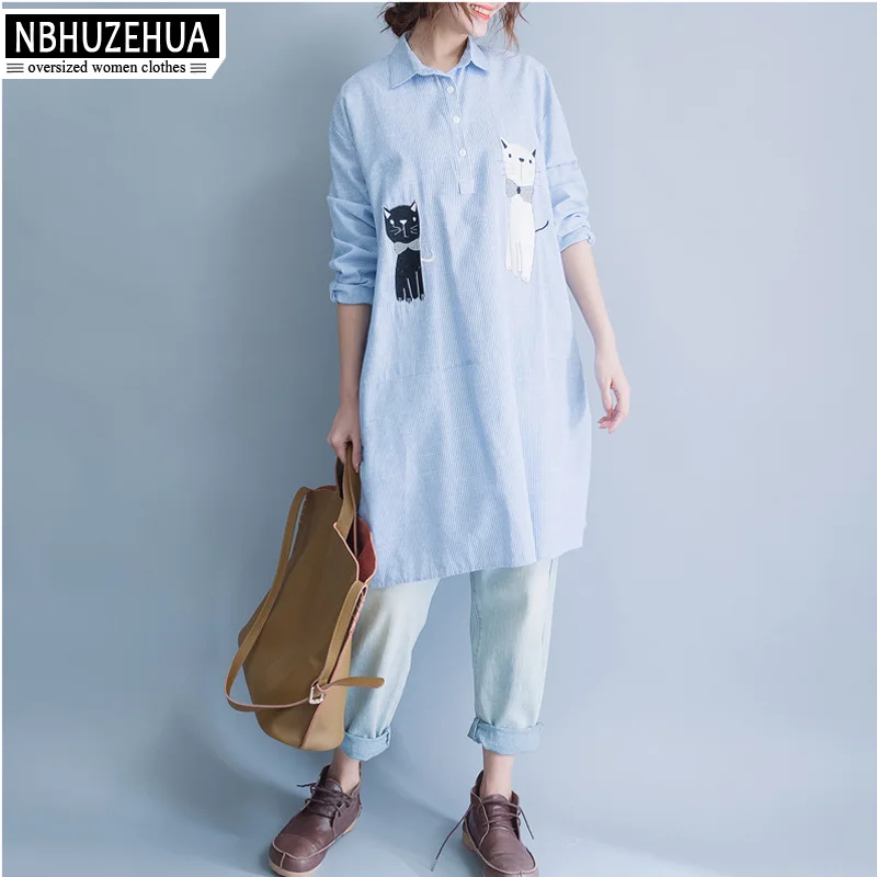 4XL 5XL 6XL Кот Вышивка блузка Осень Новый отложным воротником Длинные рубашка в