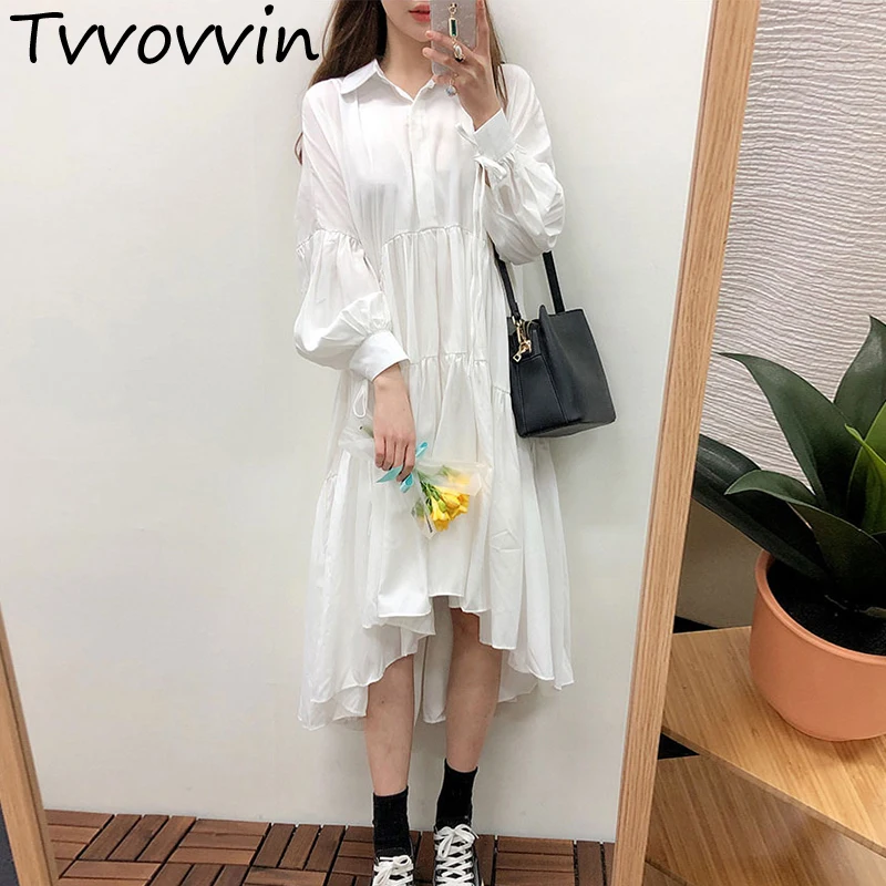 

TVVOVVIN 2019 Summer New Loose Causal White Big Size Korea Irregular Lantern Sleeve Fashion Womens Dress Woman Dresses AS905